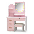 Tocador Maquillaje Con Espejo Led 4 Cajones Repisas Laterales Y Banqueta Color Rosado 120x80x32cm
