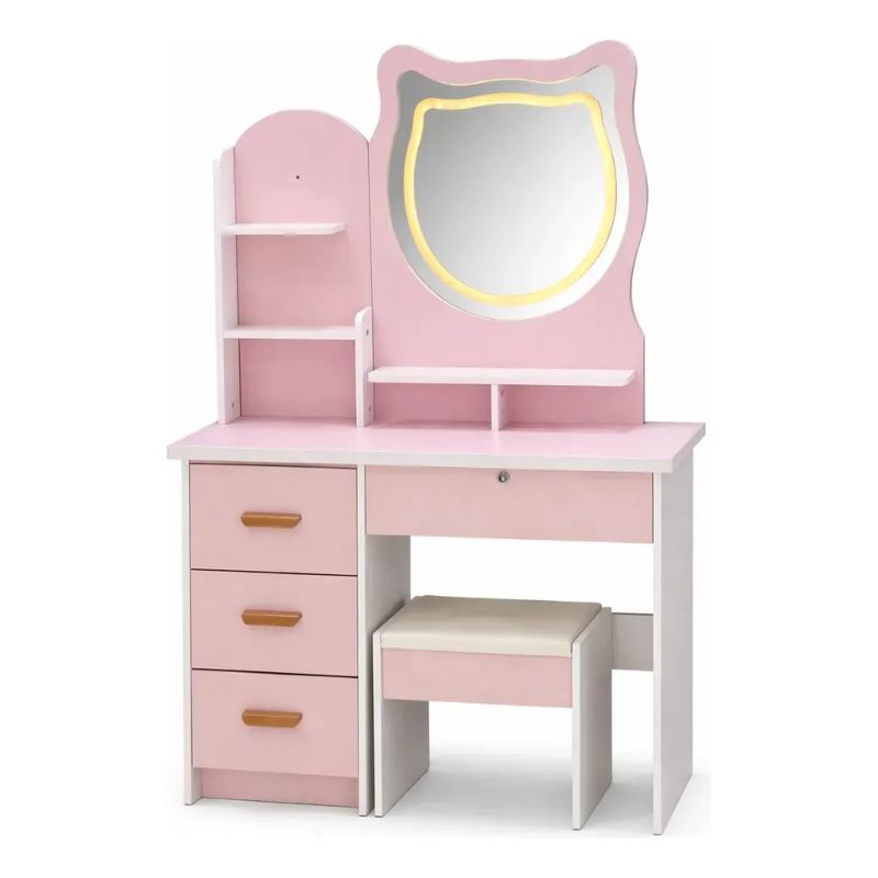 Tocador Maquillaje Con Espejo Led 4 Cajones Repisas Laterales Y Banqueta Color Rosado 120x80x32cm