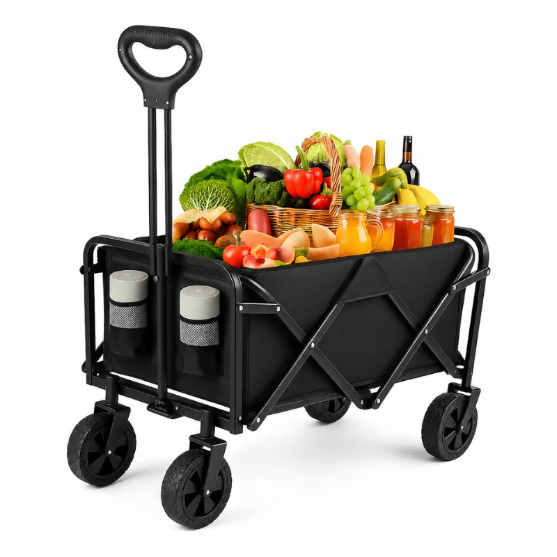 Carro Plegable Supermercado Camping Playa 4 Ruedas 1 Mango Extensible Negro