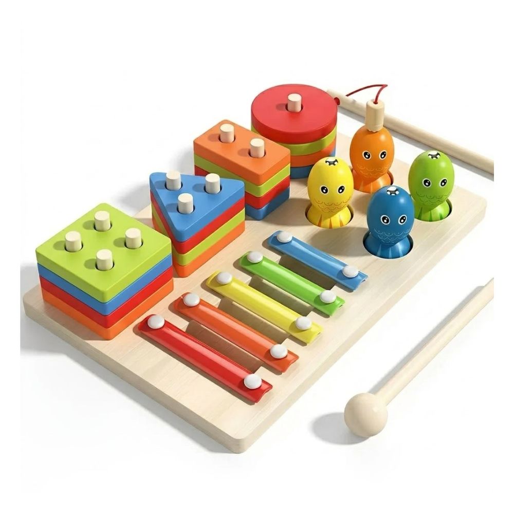 Juego Didáctico Montessori Madera 7 En 1 Pesca Xilófono Encaje Infantil