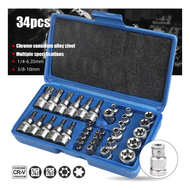 Juego Dados Torx Estrella 3/8 Hembra Macho 34 Piezas Cromo Vanadio