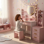 Tocador Maquillaje Con Espejo Led 4 Cajones Repisas Laterales Y Banqueta Color Rosado 120x80x32cm