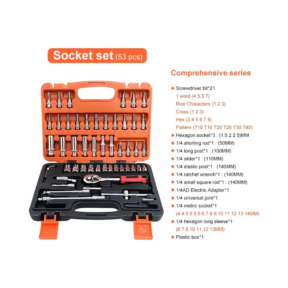 Juego Dados 53 Piezas Cuadrante 1/4 Llaves Chicharra Kit Herramientas