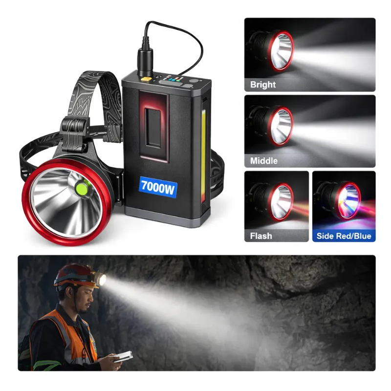 Linterna Minera Led 7000w Recargable Cabeza + Batería 38000mah Alta Potencia 10 Cm Diametro