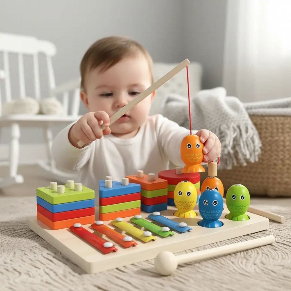 Juego Didáctico Montessori Madera 7 En 1 Pesca Xilófono Encaje Infantil