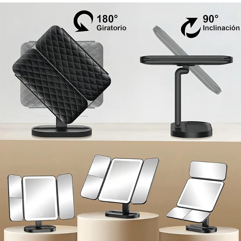 Espejo Tocador Maquillaje Profesional Aumento Led Plegable Color Negro