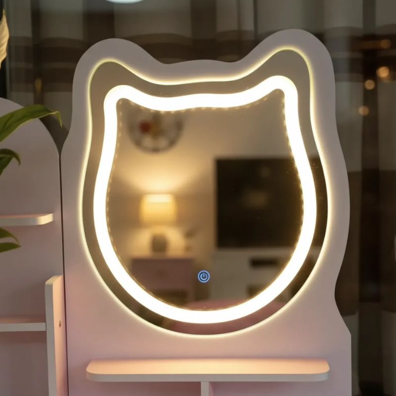 Tocador Maquillaje Con Espejo Led 4 Cajones Repisas Laterales Y Banqueta Color Rosado 120x80x32cm