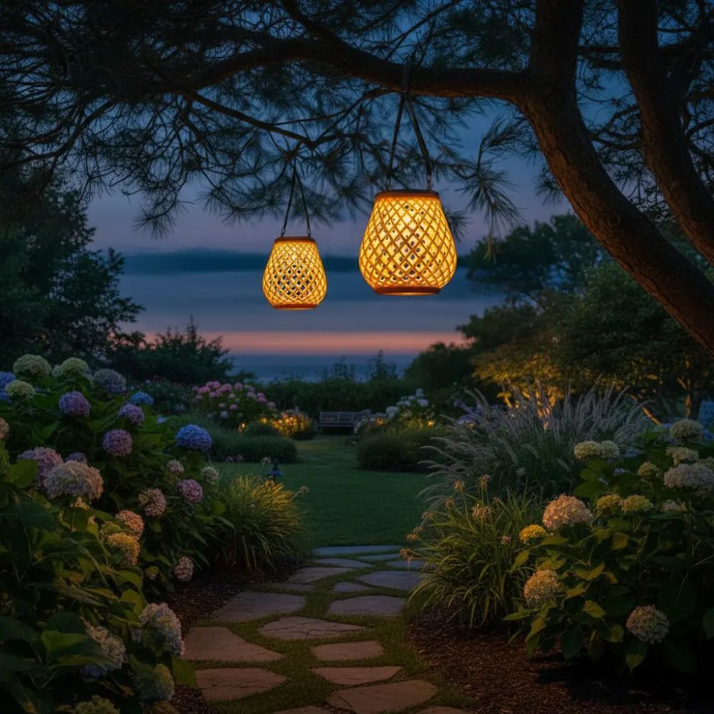 Lámpara Solar Colgante de Mimbre para Jardín con Luz Cálida