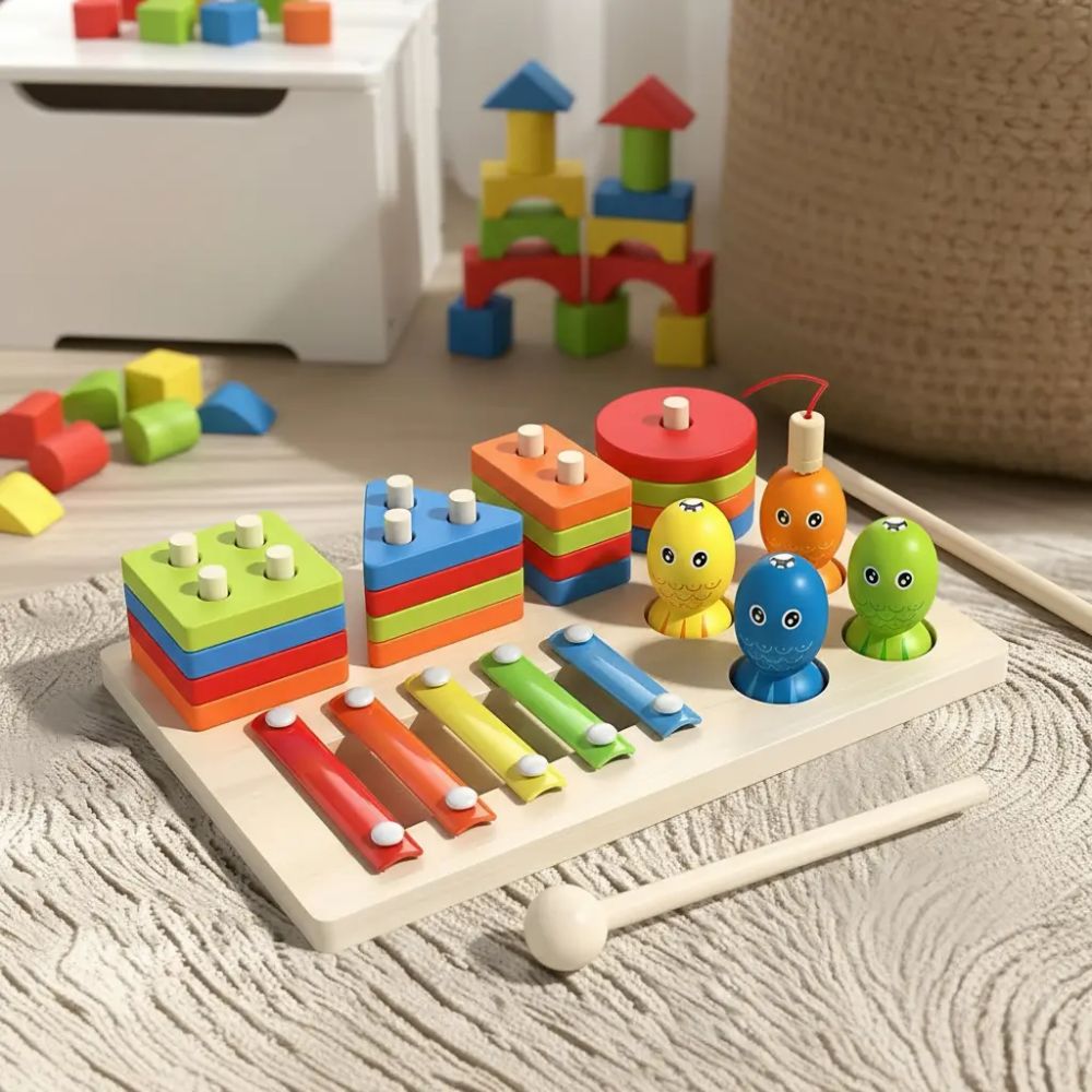 Juego Didáctico Montessori Madera 7 En 1 Pesca Xilófono Encaje Infantil
