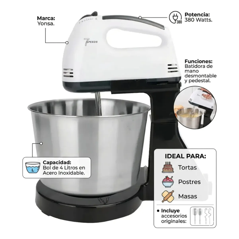 Batidora Pedestal Yonsa 380w Con Bol De Acero De 4L