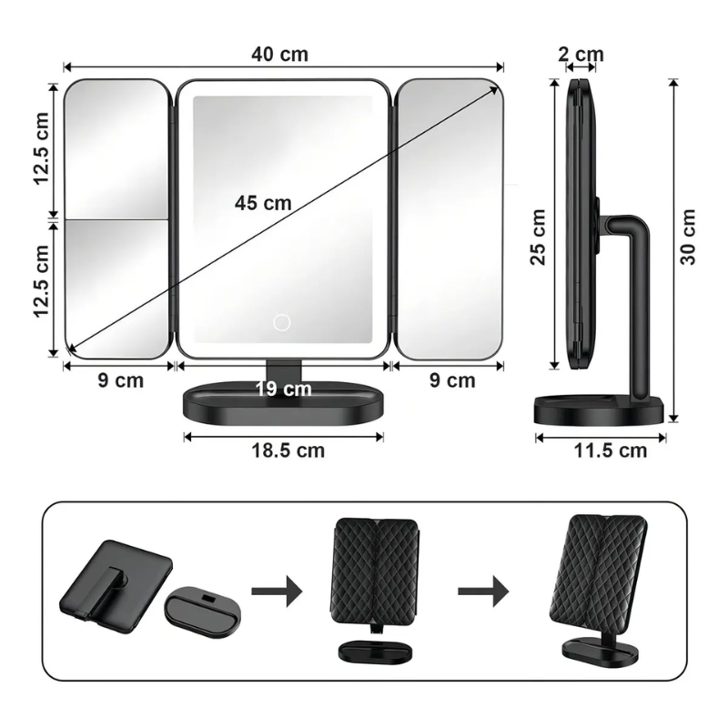 Espejo Tocador Maquillaje Profesional Aumento Led Plegable Color Negro