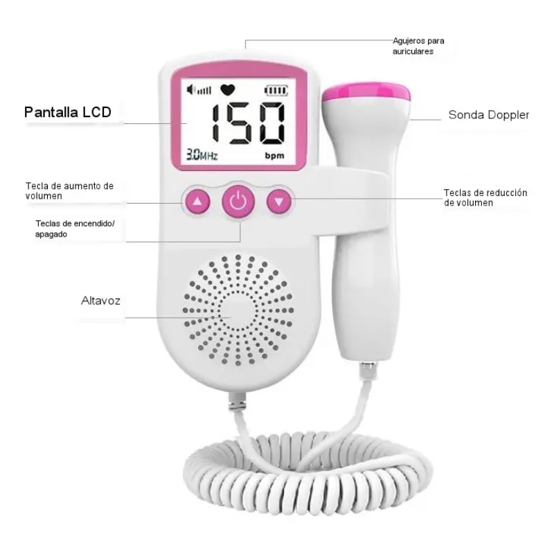 Monitor Fetal Doppler Latidos Bebé LCD 4 pulgadas Blanco Rosa