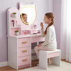 Tocador Maquillaje Con Espejo Led 4 Cajones Repisas Laterales Y Banqueta Color Rosado 120x80x32cm