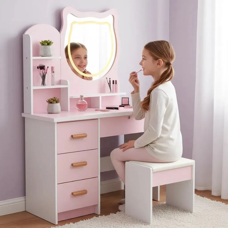Tocador Maquillaje Con Espejo Led 4 Cajones Repisas Laterales Y Banqueta Color Rosado 120x80x32cm