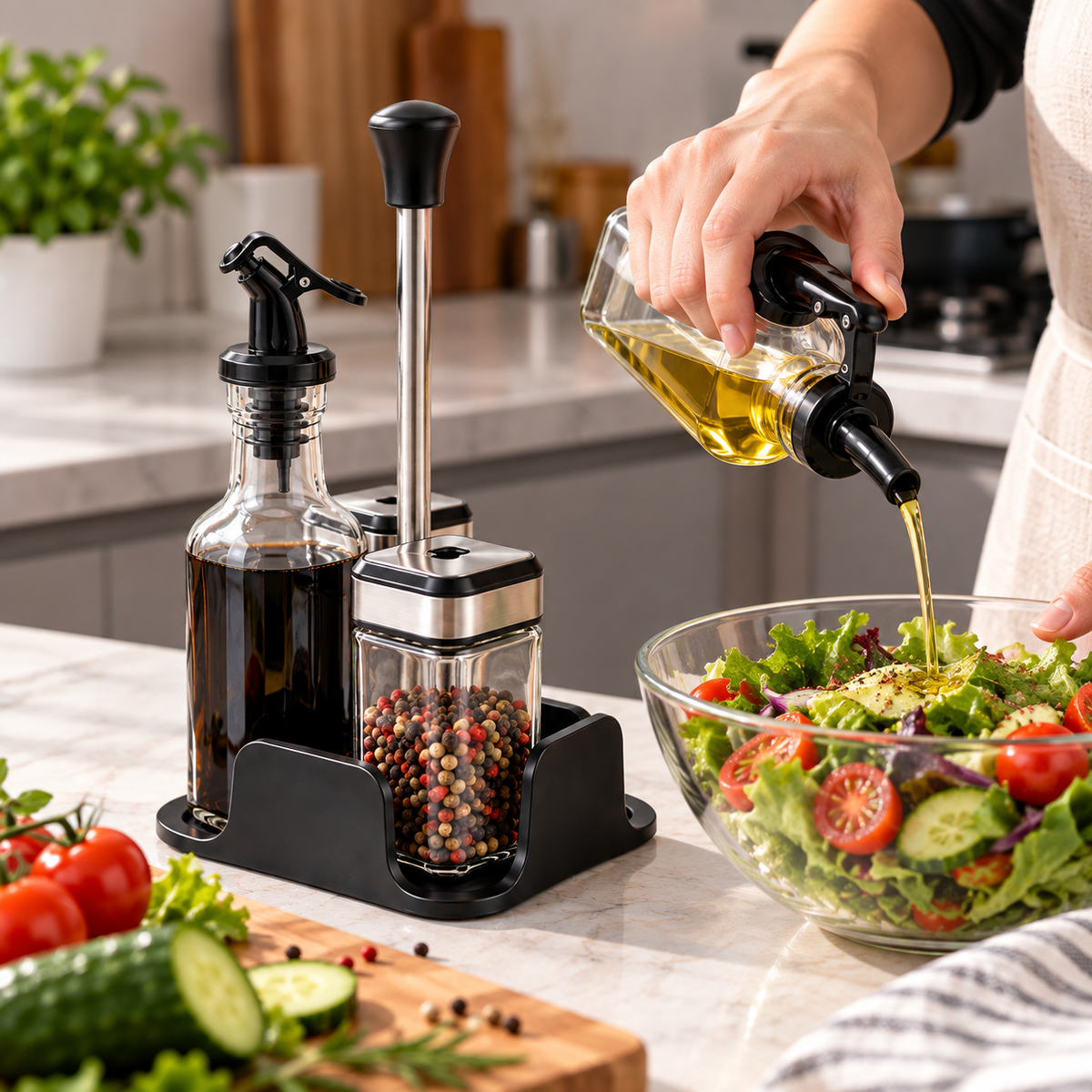 Set Dispensador de Aceite y Vinagre con Condimenteros Especieros 4 Piezas