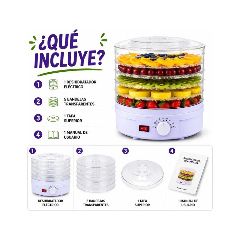 Deshidratador de Alimentos 350W | 5 Bandejas | Frutas, Carnes y Verduras