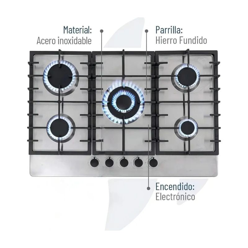 Encimera a Gas 5 Quemadores Empotrable Acero Inoxidable 90x50x5 cm