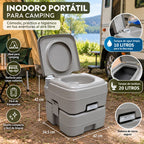 Inodoro Portátil para Camping 20 Litros con Descarga de Agua y Tanque de 10 Litros – Gris