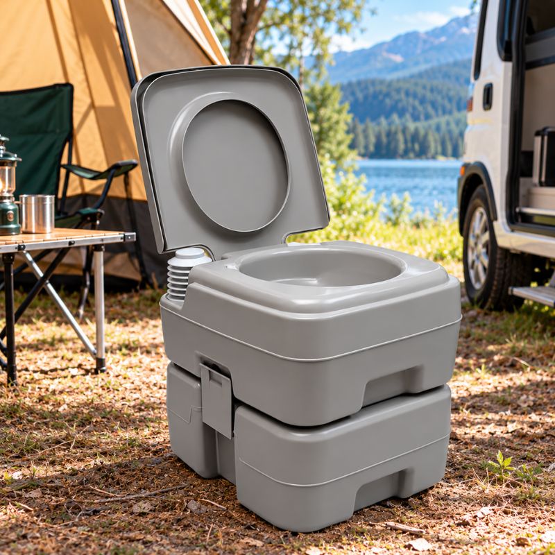 Inodoro Portátil para Camping 20 Litros con Descarga de Agua y Tanque de 10 Litros – Gris