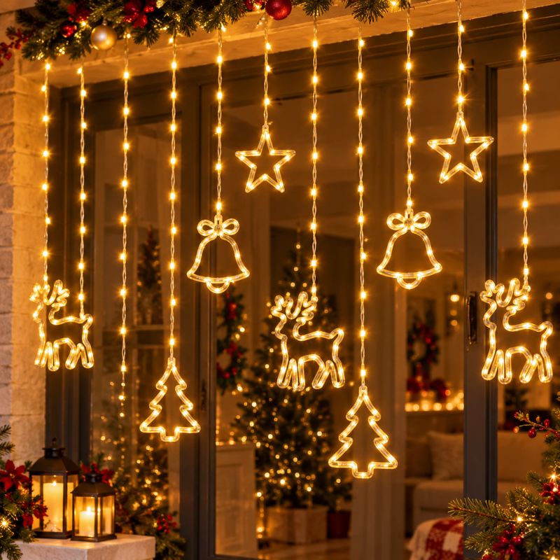 Cortina de Luces Navideñas 120 LED 3 Metros con Figuras Decorativas