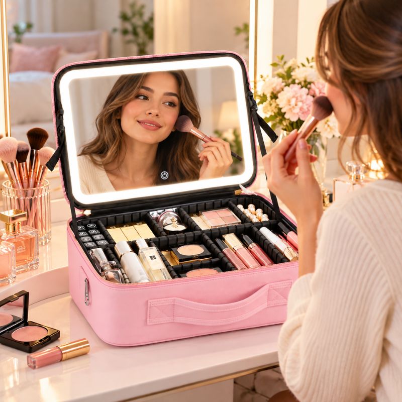 Maletín Organizador de Maquillaje con Espejo LED Rosado