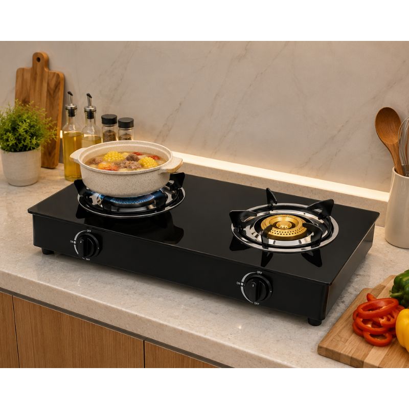 Cocina Encimera A Gas 2 Platos Vidrio Templado Multigas Negra