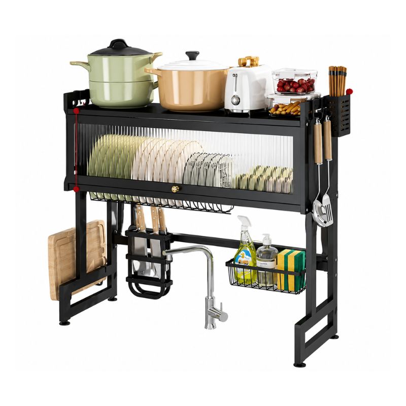 Escurridor de Platos Sobre Lavaplatos 80 cm con Gabinete Antipolvo Organizador Negro