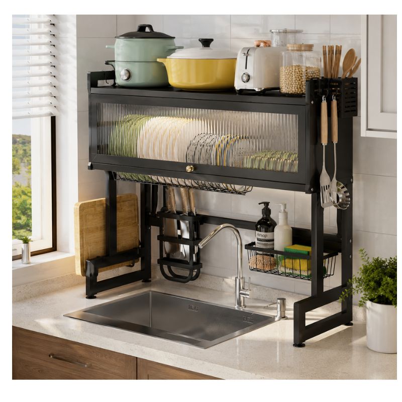 Escurridor de Platos Sobre Lavaplatos 80 cm con Gabinete Antipolvo Organizador Negro