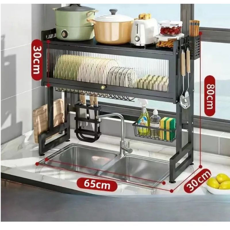 Escurridor de Platos Sobre Lavaplatos 80 cm con Gabinete Antipolvo Organizador Negro