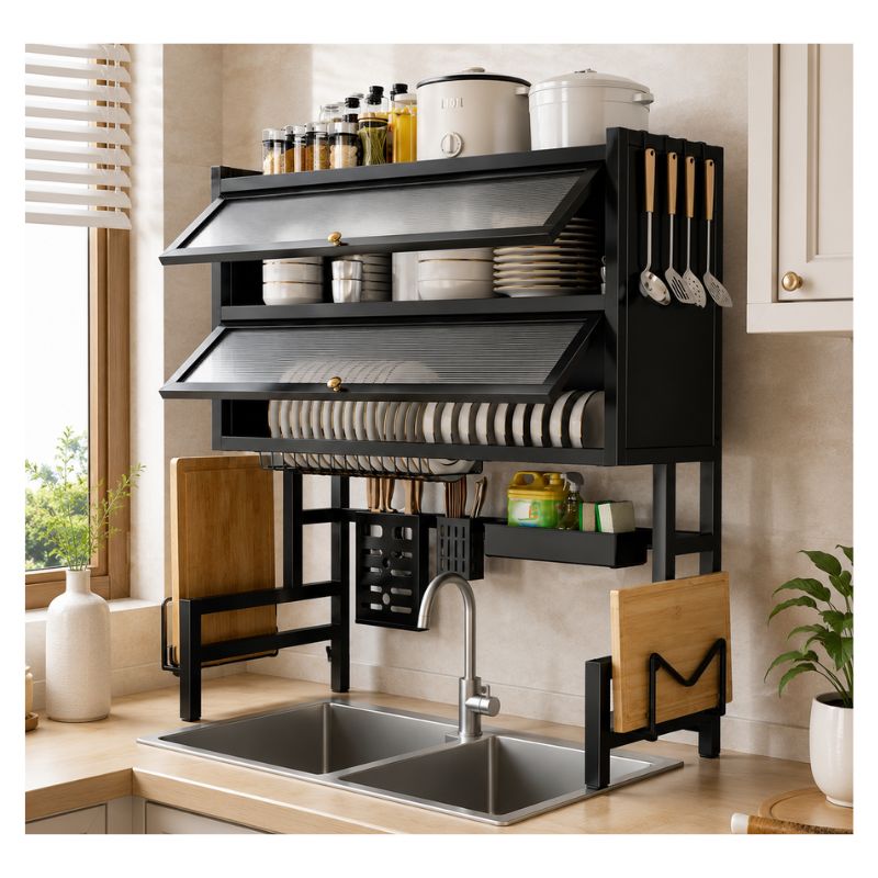 Escurridor de Platos Sobre Lavaplatos 3 Niveles 85 cm con Gabinete Antipolvo Negro