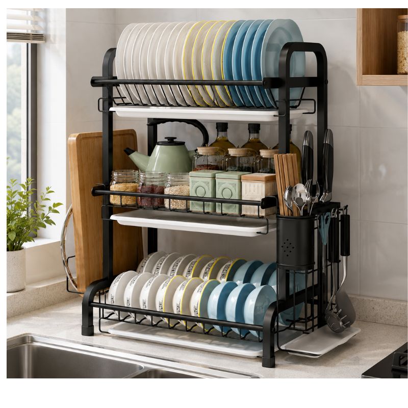Escurridor de Platos 3 Niveles Organizador de Cocina 63x25,5x42 cm Negro