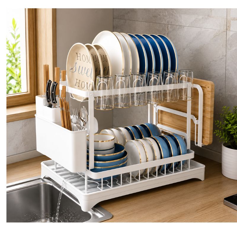 Escurridor de Platos 2 Niveles Organizador de Cocina con Bandeja y Porta Cubiertos Blanco