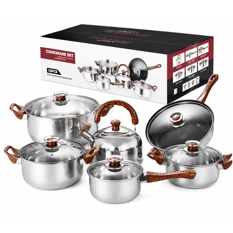 Set de Ollas de Cocina 12 Piezas con Tetera Acero Inoxidable Tapas de Vidrio