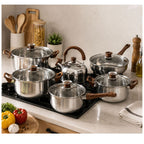 Set de Ollas de Cocina 12 Piezas con Tetera Acero Inoxidable Tapas de Vidrio