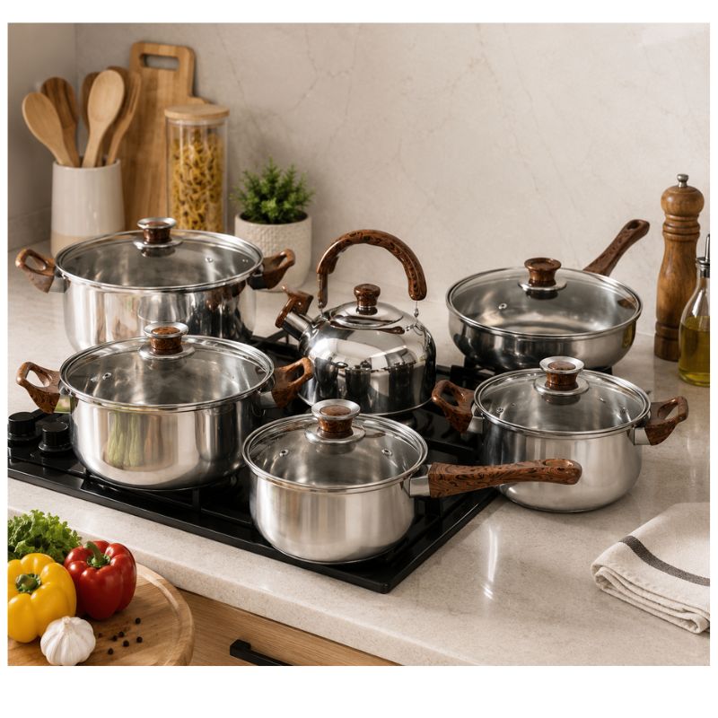 Set de Ollas de Cocina 12 Piezas con Tetera Acero Inoxidable Tapas de Vidrio