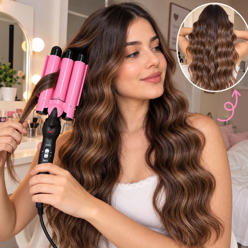 Onduladora de Cabello Triple Barril Ondas de Sirena Rosada