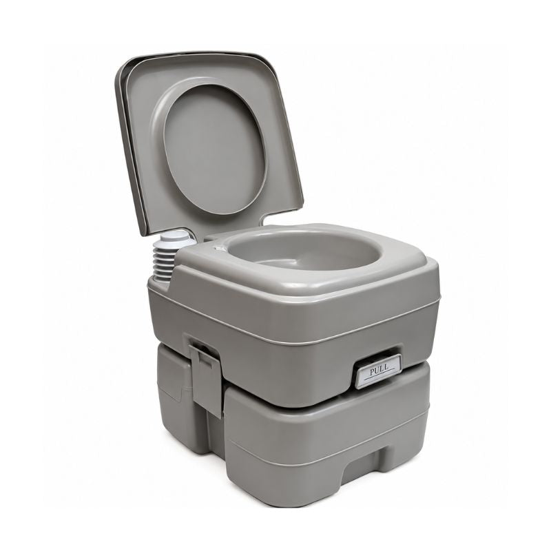 Inodoro Portátil para Camping 20 Litros con Descarga de Agua y Tanque de 10 Litros – Gris