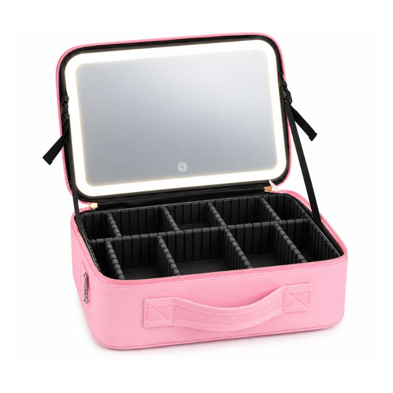 Maletín Organizador de Maquillaje con Espejo LED Rosado