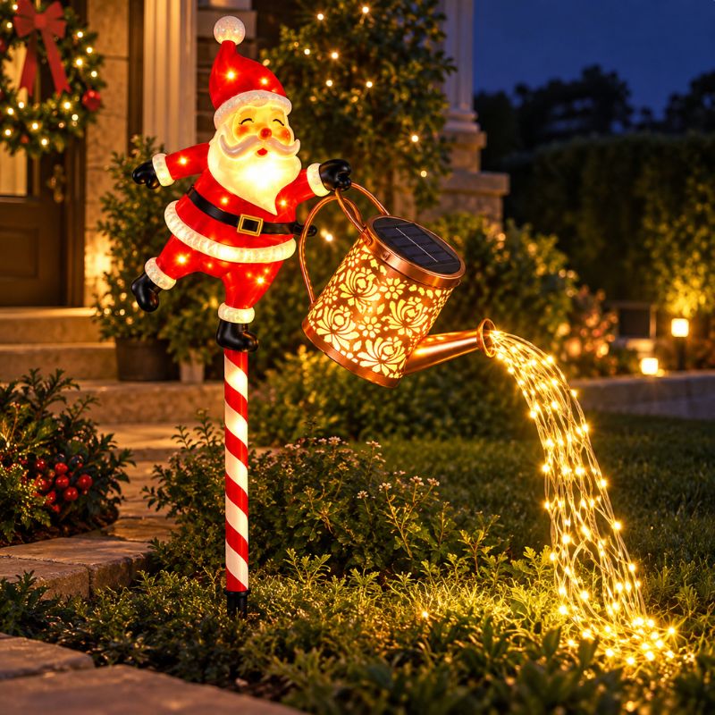 Papá Noel Navideño Solar con Regadera y Luces LED Cascada para Jardín