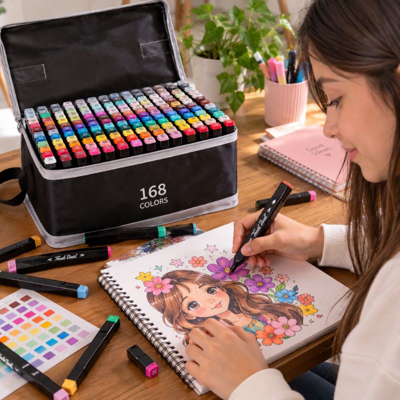 Set de 168 Marcadores de Colores Doble Punta con Estuche Organizador
