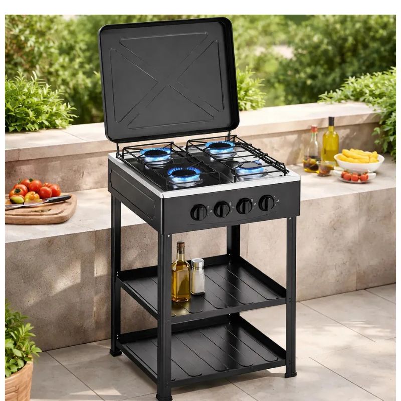 Cocina Encimera A Gas 4 Quemadores Con Repisas Color Negro
