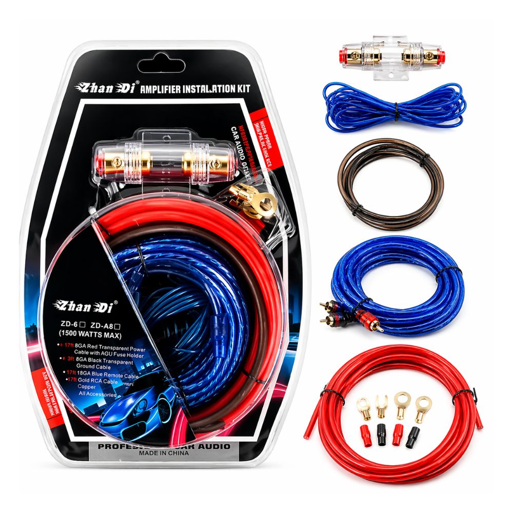 Kit de Cables Para Amplificador 1500 Watts Subwoofer RCA Rojo/Azul