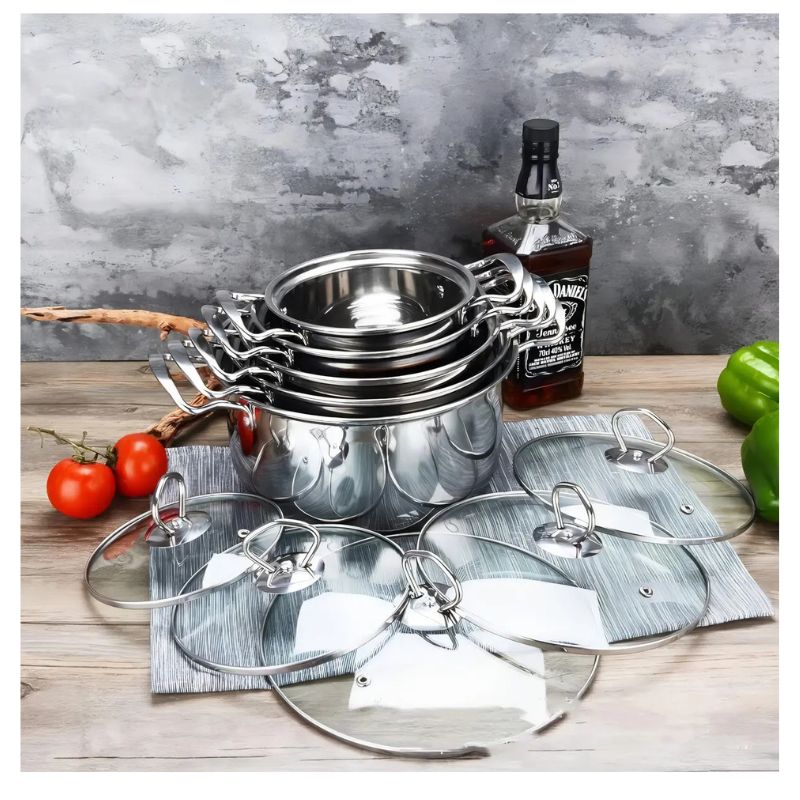 Set Batería De Cocina 10 Piezas Acero Inoxidable 5 Ollas Con Tapas De Vidrio