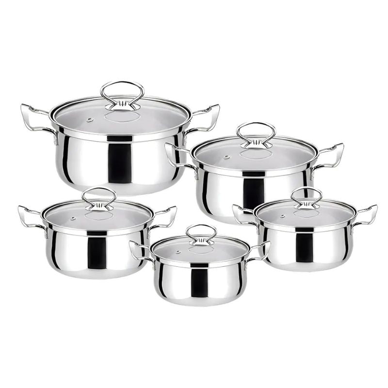 Set Batería De Cocina 10 Piezas Acero Inoxidable 5 Ollas Con Tapas De Vidrio