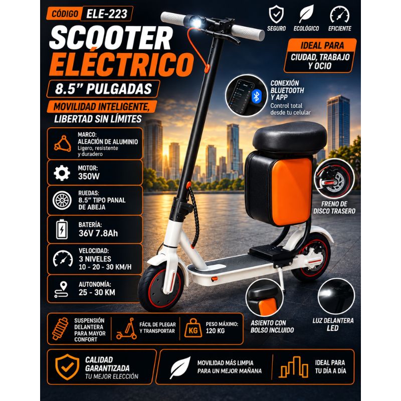 Scooter Eléctrico 350W 36V 7.8Ah Con Asiento Bluetooth 30 Km/h