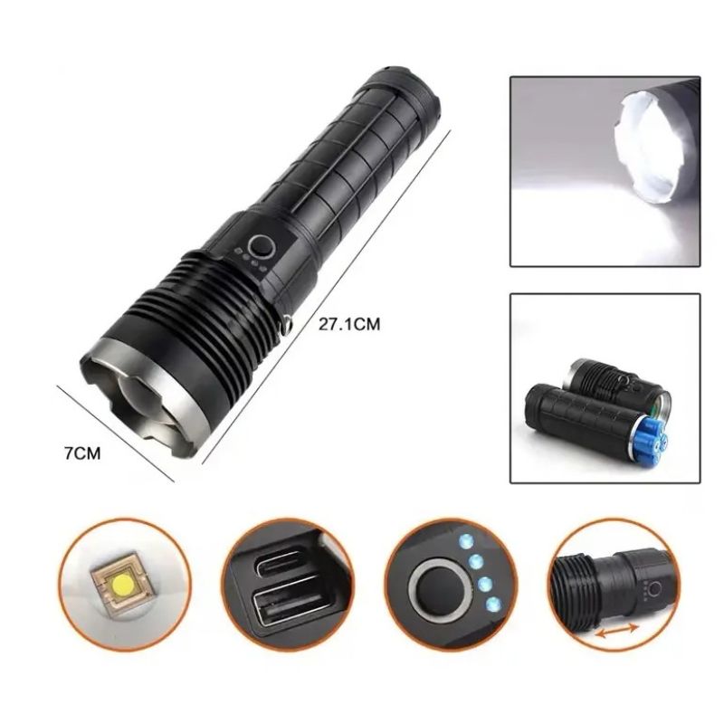 Linterna Táctica LED Recargable Grande Con Zoom USB Y Correa De Hombro