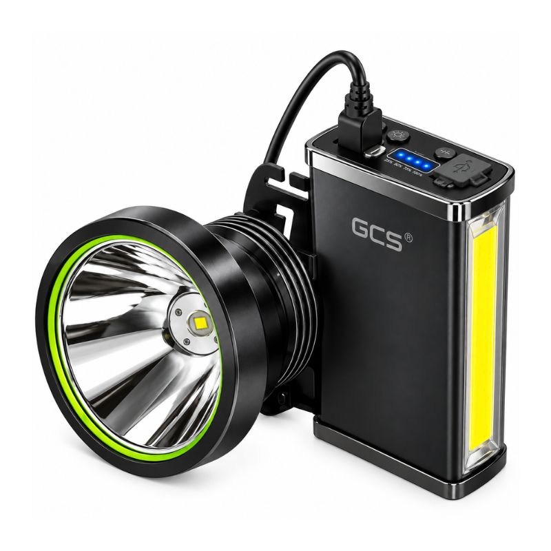 Linterna Frontal LED Recargable GCS 1800W Luz Blanca Con Batería Externa
