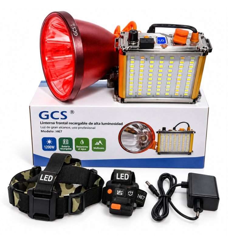 Linterna Frontal Recargable GCS 1200W Luz Roja Con LED Blanco Y Batería Externa