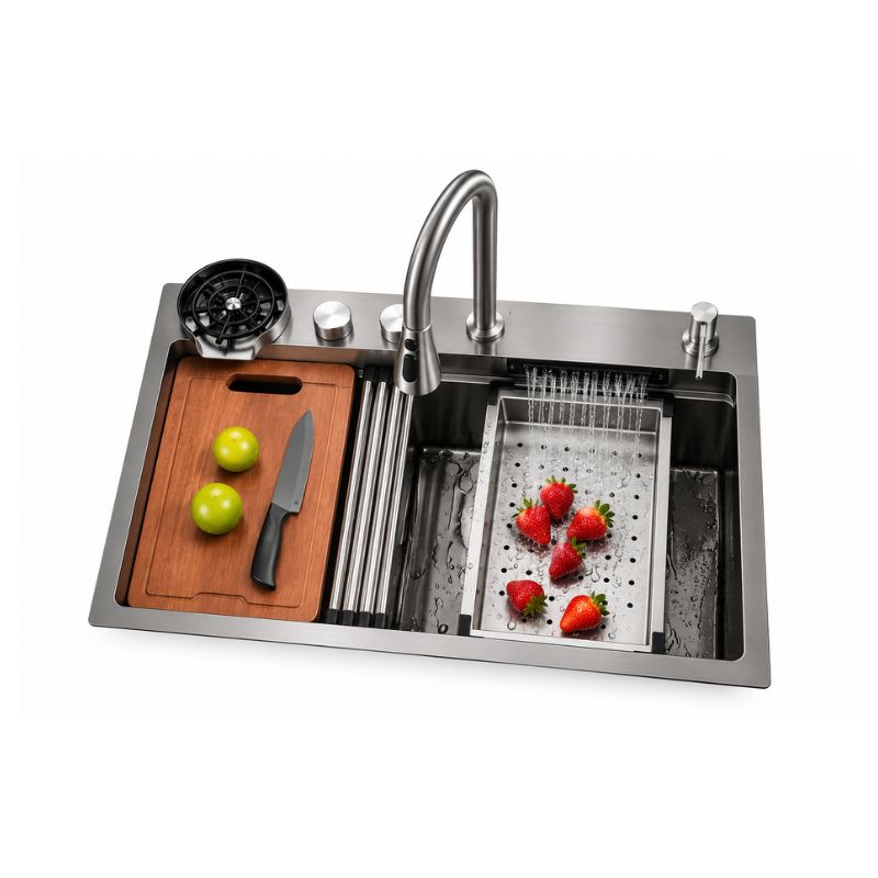 Lavaplatos Multifuncional Acero Inoxidable 75x45 cm con Grifería, Cascada, Tabla y Accesorios