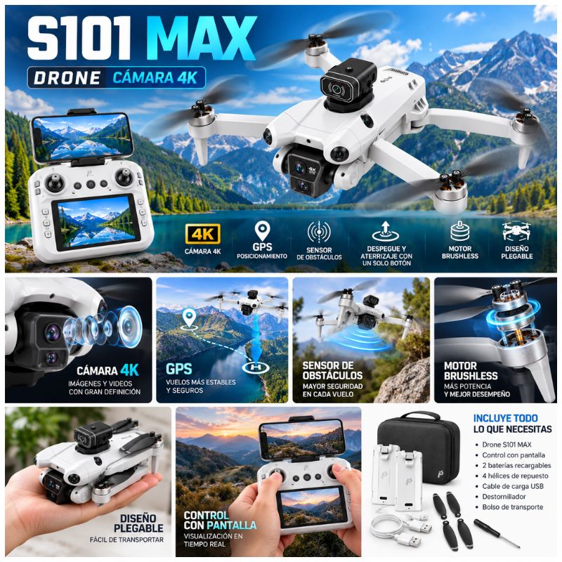 Drone S101 MAX con Cámara 4K, Control con Pantalla, 2 Baterías y Bolso de Transporte